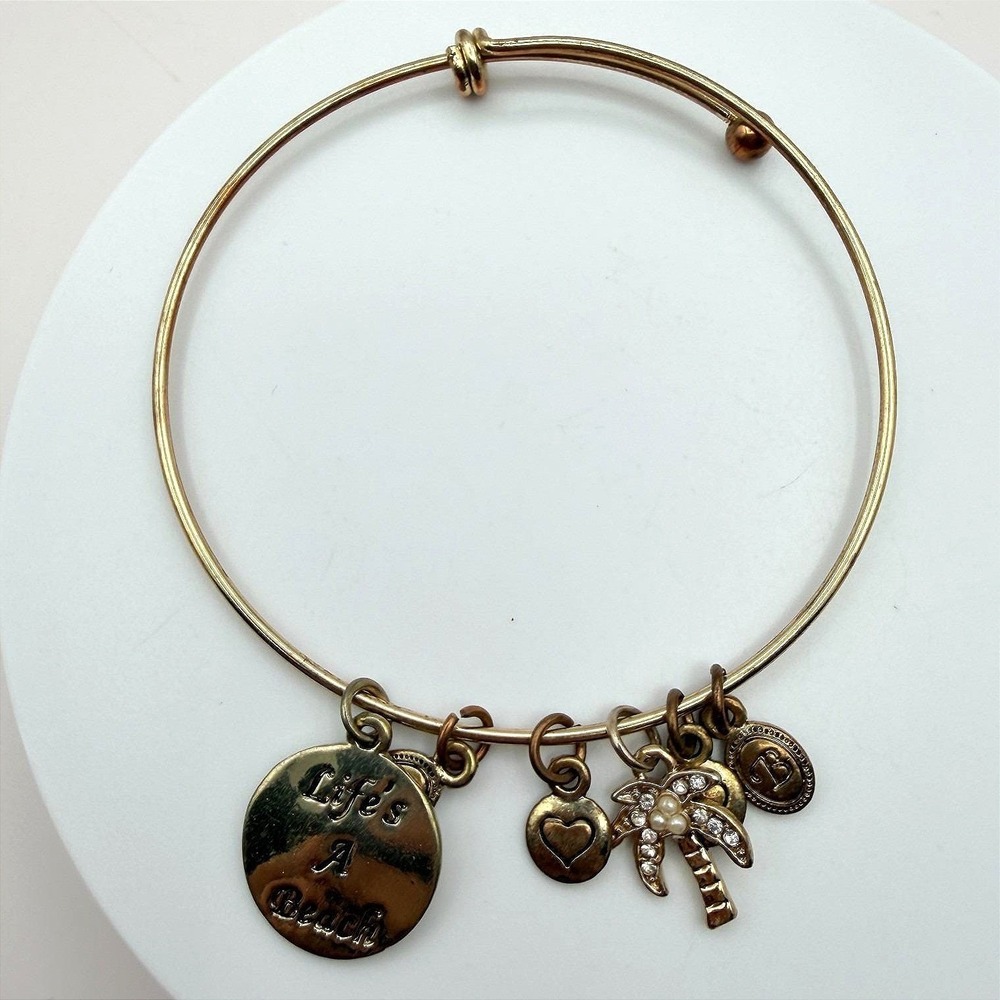 Vintage 90s Gold Tone Bangle Bracelet Palm Tree Heart Life's A Beach Charm Glass